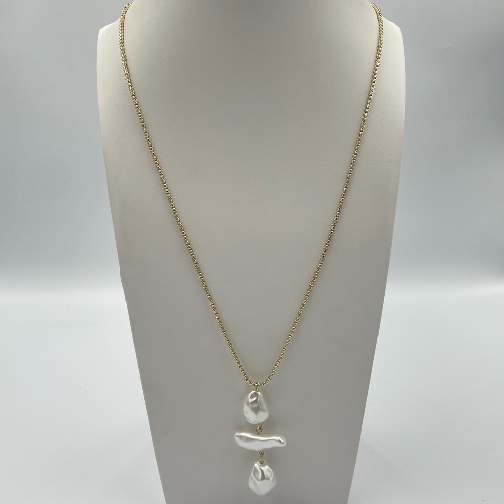 VTG Modern Y2K Gold Tone Faux Baroque Pearl Tiered Drop Pendant Necklace Retro